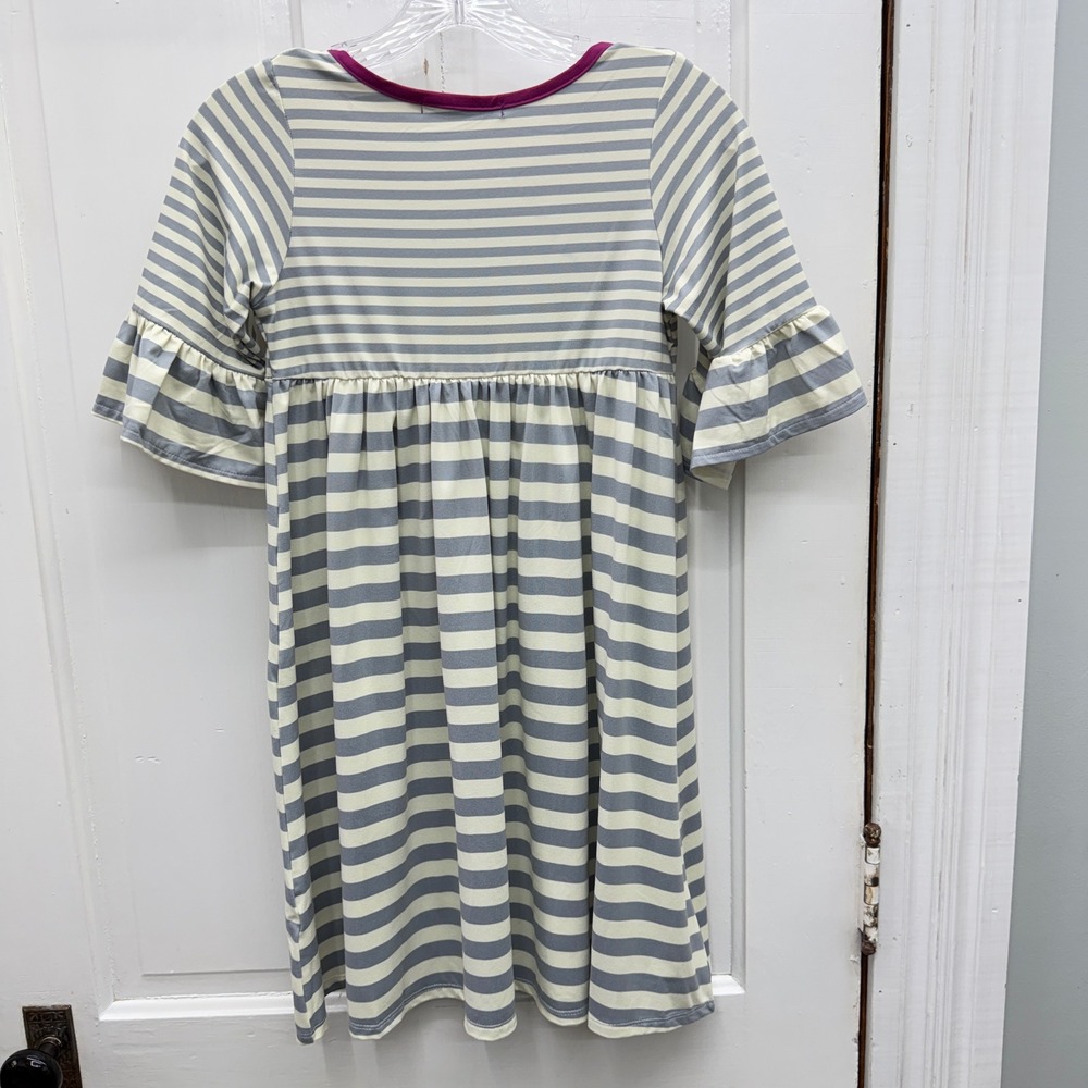 Millie Loves Lily‎ Grey Cream Striped Dress Purple Trim Bell Sleeve Girls 12